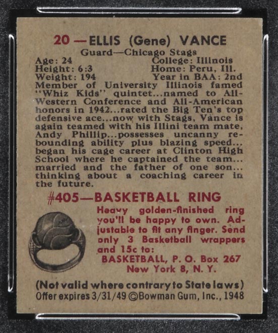 1948 Bowman #20 Ellis (Gene) Vance Chicago Stags - Back