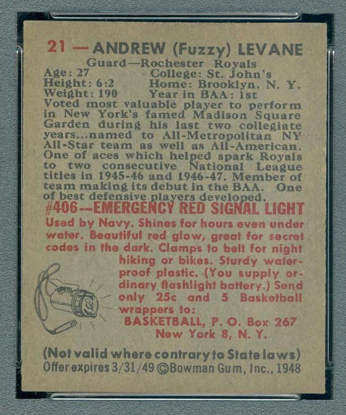 1948 Bowman #21 Andrew Levane Rochester Royals - Back