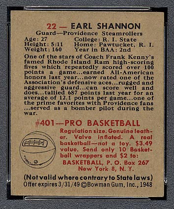 1948 Bowman #22 Earl Shannon Providence Steamrollers - Back