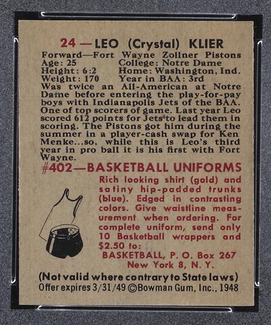 1948 Bowman #24 Leo Klier Fort Wayne Zollner Pistons - Back