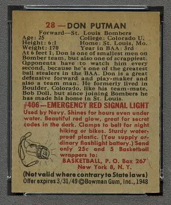 1948 Bowman #28 Don Putman St. Louis Bombers - Back