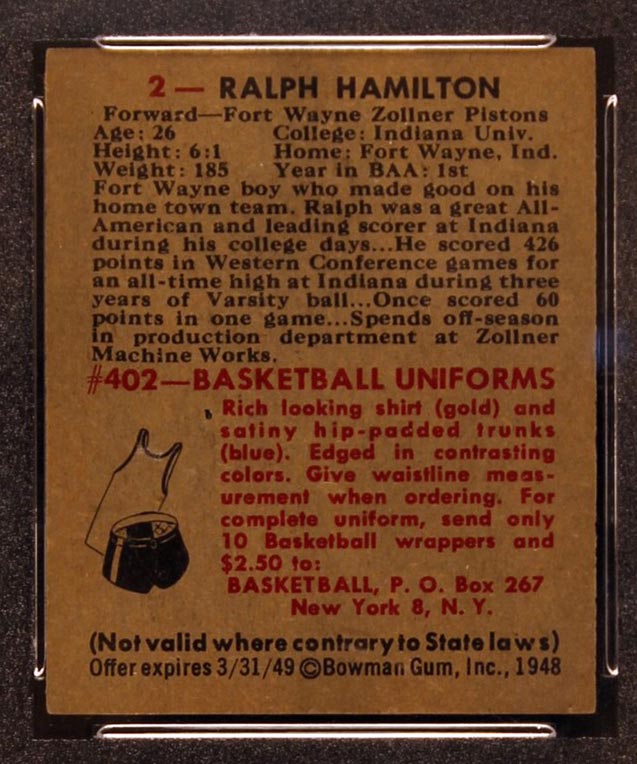 1948 Bowman #2 Ralph Hamilton Fort Wayne Zollner Pistons - Back