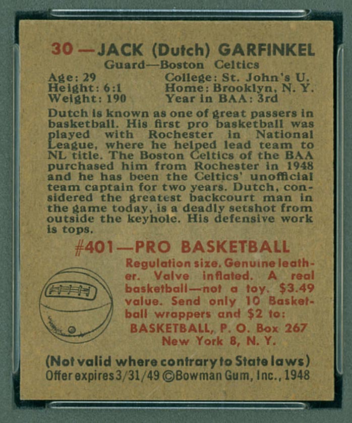 1948 Bowman #30 Jack Garfinkel Boston Celtics - Back