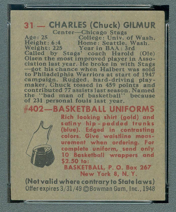 1948 Bowman #31 Charles Gilmur Chicago Stags - Back