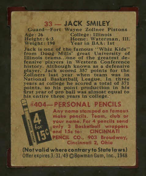 1948 Bowman #33 Jack Smiley Fort Wayne Zollner Pistons - Back