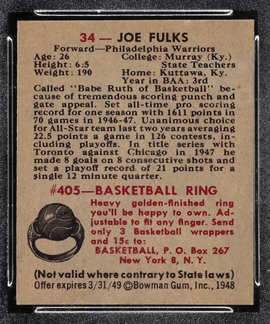 1948 Bowman #34 Joe Fulks Philadelphia Warriors - Back