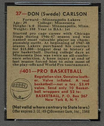 1948 Bowman #37 Don Carlson Minneapolis Lakers - Back