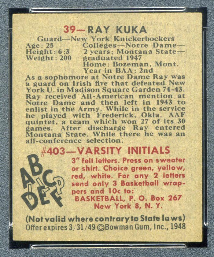 1948 Bowman #39 Ray Kuka New York Knicks - Back