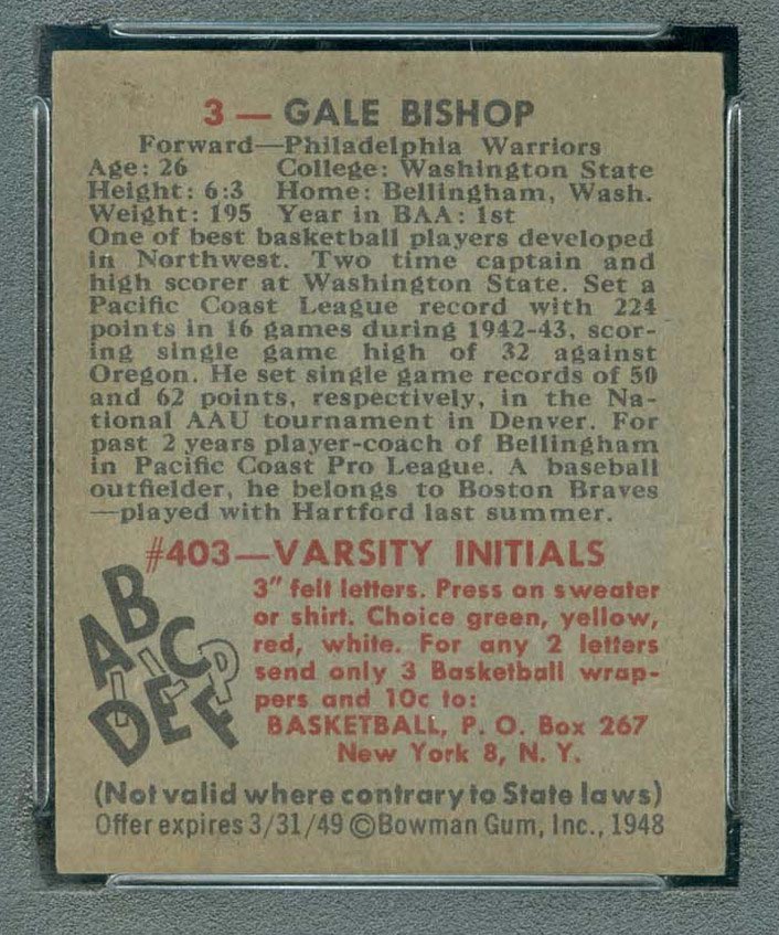 1948 Bowman #3 Gale Bishop Philadelphia Warriors - Back