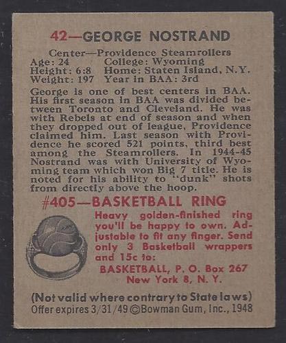 1948 Bowman #42 George Nostrand Providence Steamrollers - Back