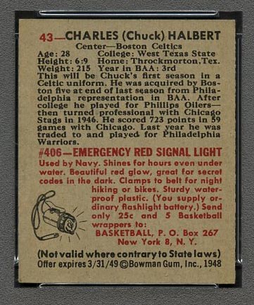 1948 Bowman #43 Charles Halbert Boston Celtics - Back