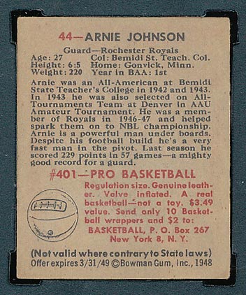 1948 Bowman #44 Arnie Johnson Rochester Royals - Back