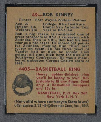 1948 Bowman #49 Bob Kinney Fort Wayne Zollner Pistons - Back