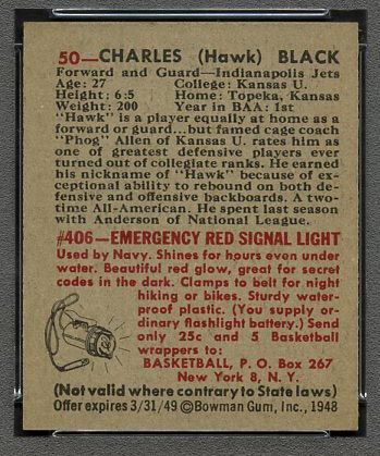 1948 Bowman #50 Charles Black Indianapolis Jets - Back