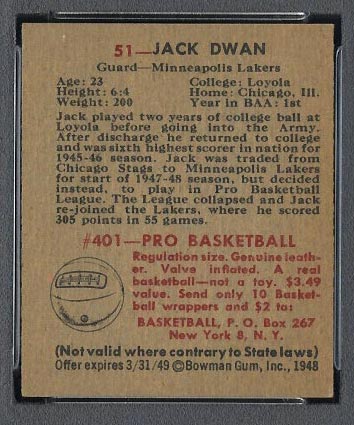 1948 Bowman #51 Jack Dwan Minneapolis Lakers - Back