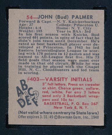 1948 Bowman #54 John Palmer New York Knicks - Back