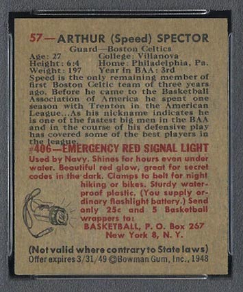 1948 Bowman #57 Arthur Spector Boston Celtics - Back