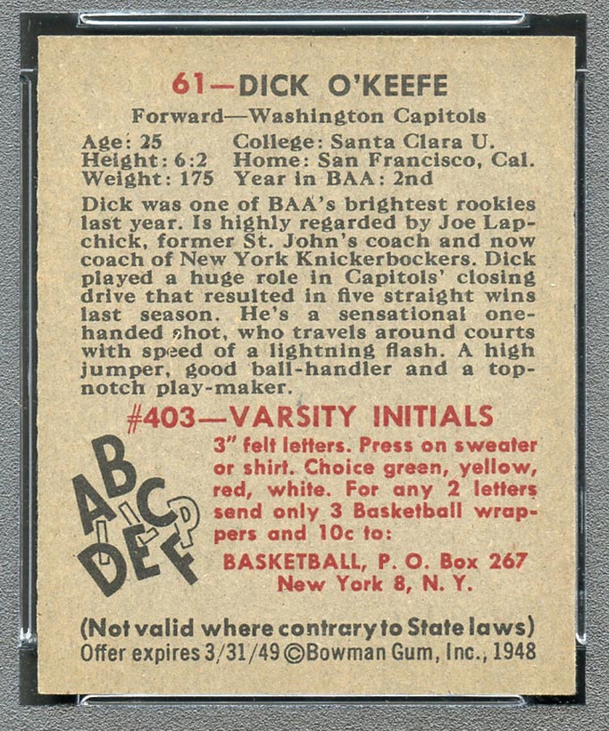 1948 Bowman #61 Dick O’Keefe Washington Capitols - Back