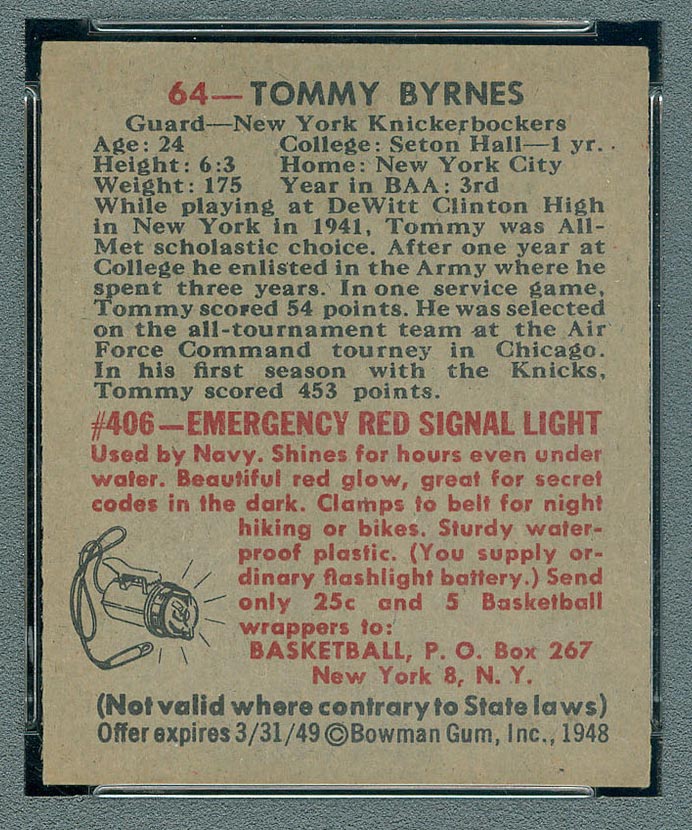 1948 Bowman #64 Tommy Byrnes New York Knicks - Back