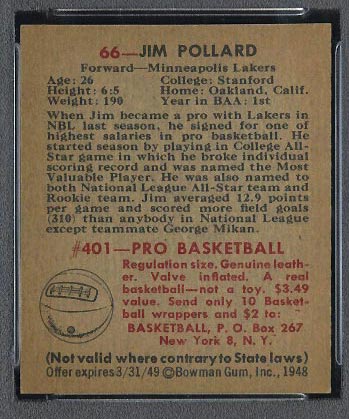 1948 Bowman #66 Jim Pollard Minneapolis Lakers - Back