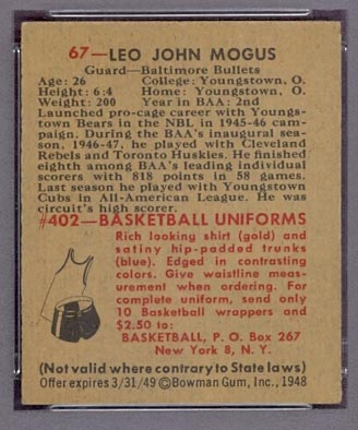 1948 Bowman #67 Leo John Mogus Baltimore Bullets - Back