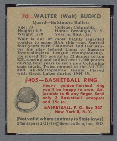 1948 Bowman #70 Walter Budko Baltimore Bullets - Back