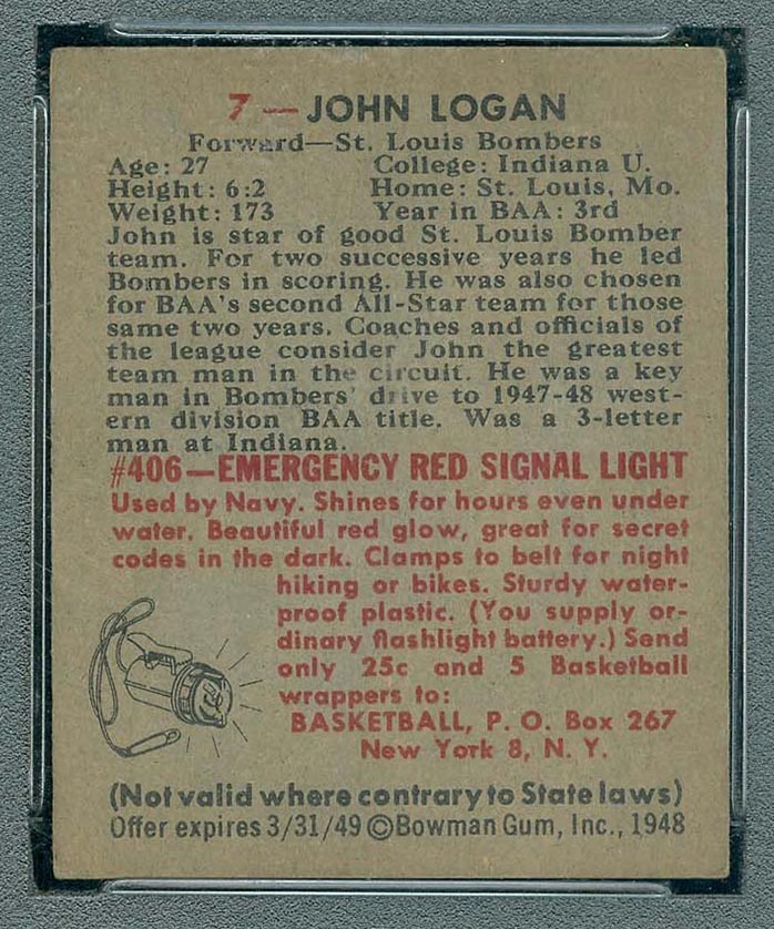 1948 Bowman #7 John Logan St. Louis Bombers - Back
