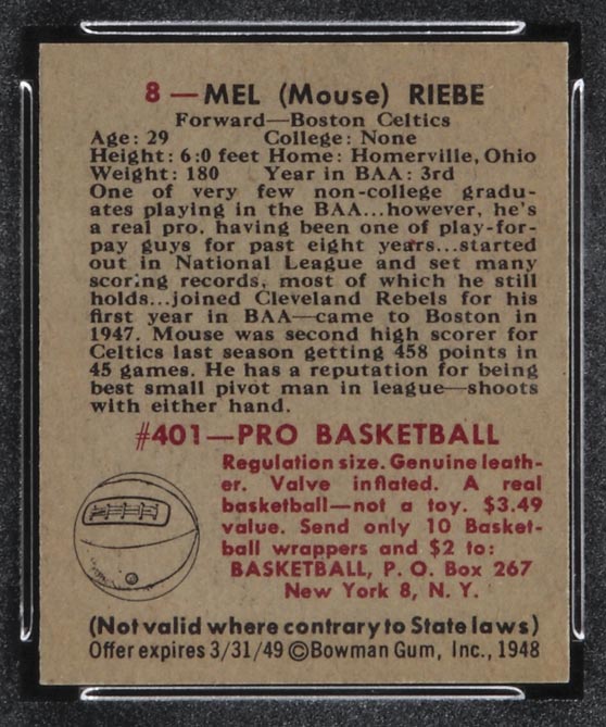 1948 Bowman #8 Mel Riebe Boston Celtics - Back