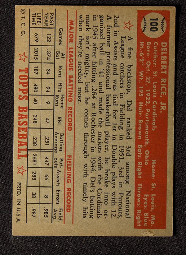 1952 Topps #100 Del Rice St. Louis Cardinals - Back