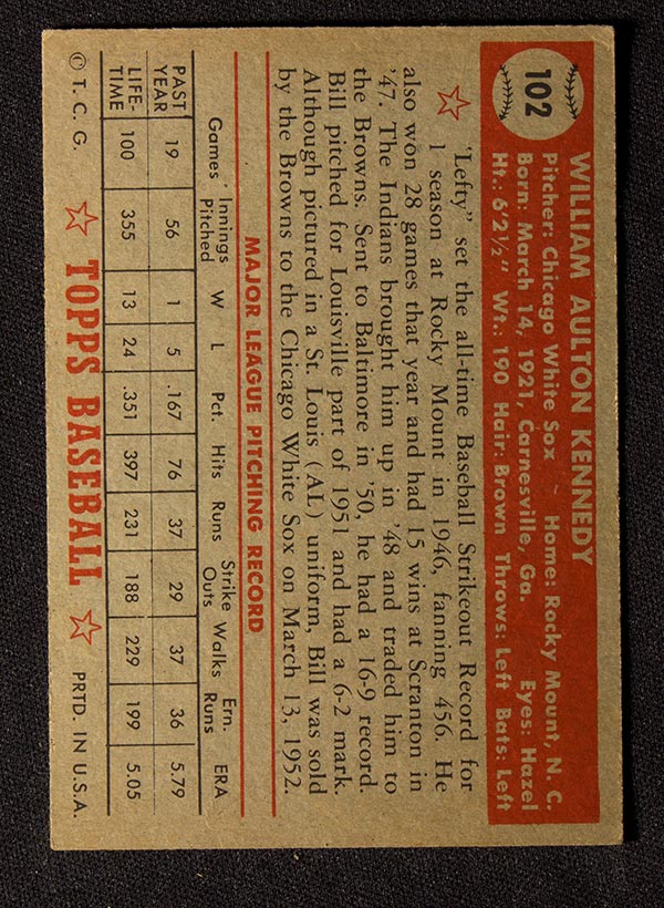 1952 Topps #102 Bill Kennedy St. Louis Browns - Back