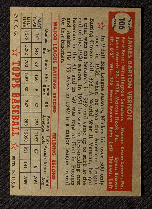 1952 Topps #106 Mickey Vernon Washington Senators - Back