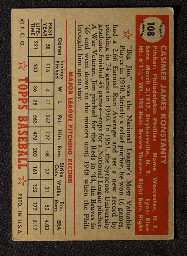 1952 Topps #108 Jim Konstanty Philadelphia Phillies - Back