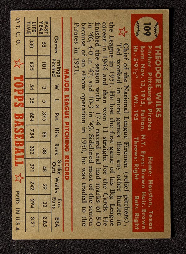 1952 Topps #109 Ted Wilks Pittsburgh Pirates - Back