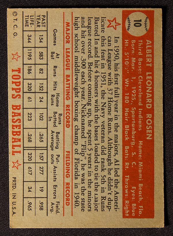1952 Topps #10 Al Rosen Cleveland Indians - Red Back