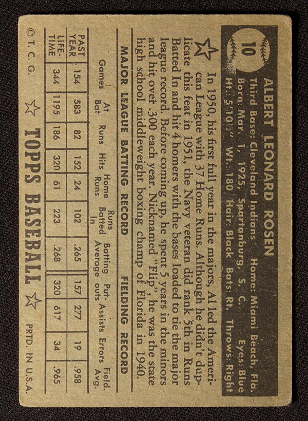 1952 Topps #10 Al Rosen Cleveland Indians - Black Back
