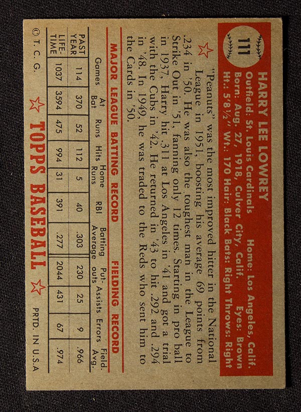 1952 Topps #111 Harry Lowrey St. Louis Cardinals - Back