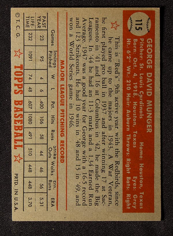 1952 Topps #115 George Munger St. Louis Cardinals - Back