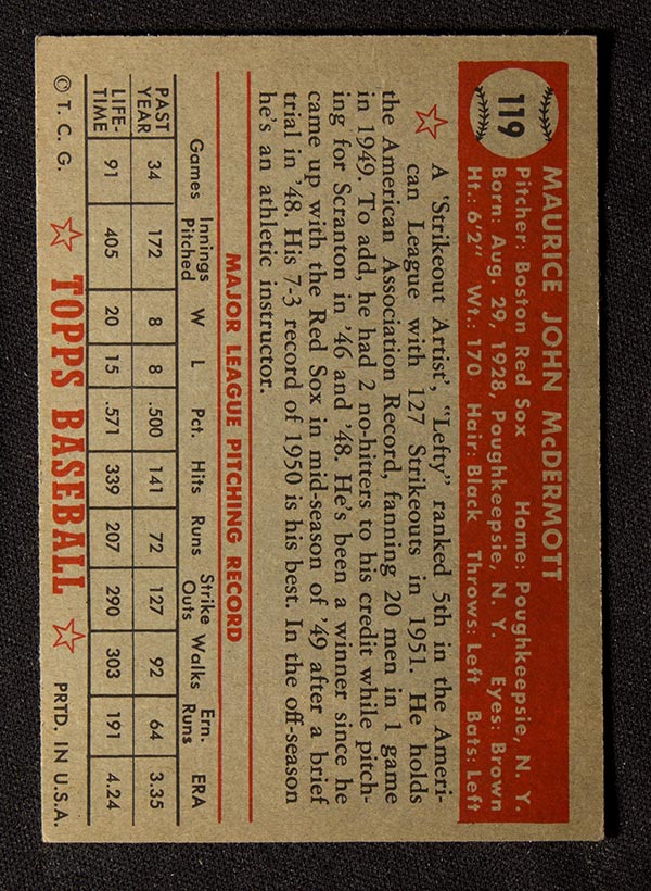 1952 Topps #119 Maurice McDermott Boston Red Sox - Back