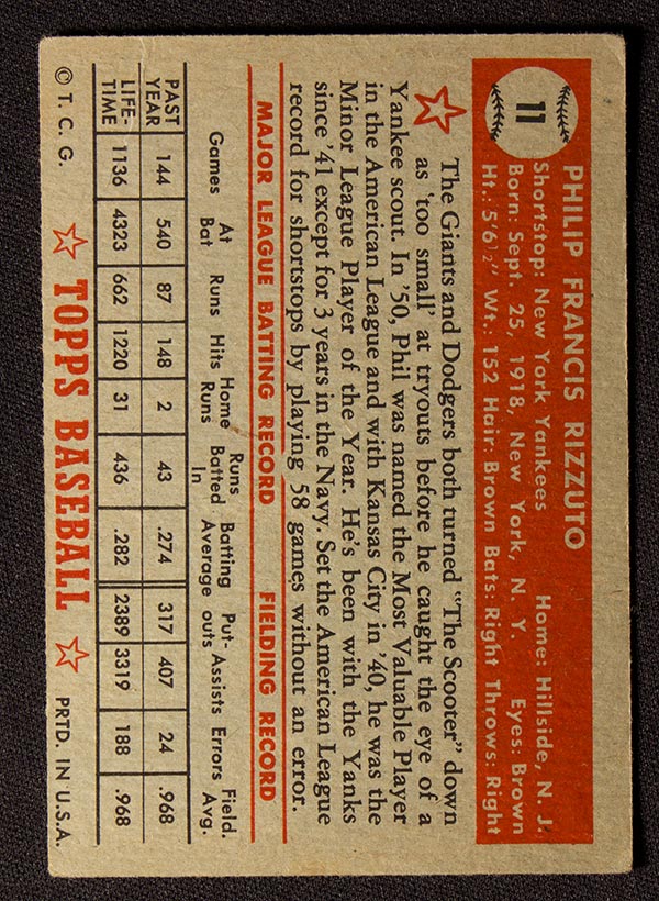 1952 Topps #11 Phil Rizzuto New York Yankees - Red Back