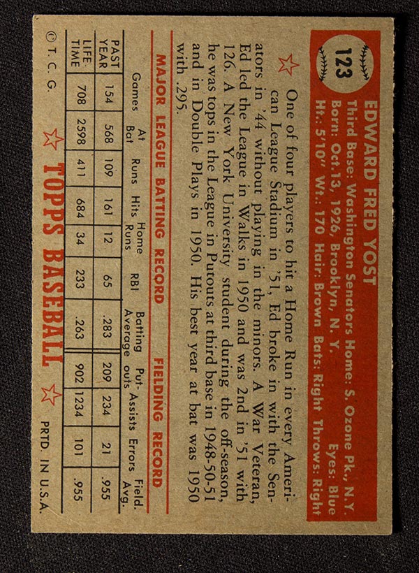 1952 Topps #123 Eddie Yost Washington Senators - Back