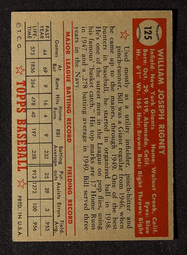 1952 Topps #125 Bill Rigney New York Giants - Back