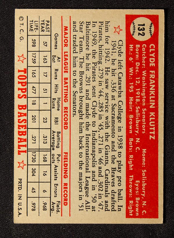 1952 Topps #132 Clyde Kluttz Washington Senators - Cream Back