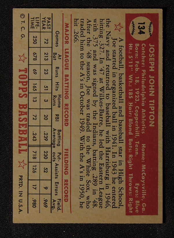 1952 Topps #134 Joe Tipton Philadelphia Athletics - Gray Back