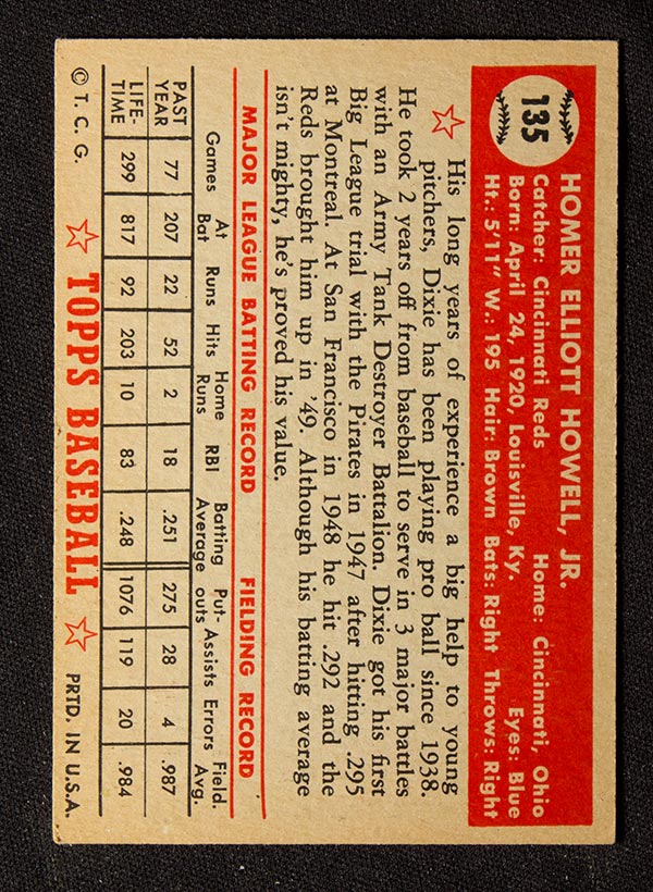 1952 Topps #135 Dixie Howell Cincinnati Reds - Cream Back