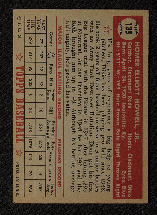 1952 Topps #135 Dixie Howell Cincinnati Reds - Gray Back