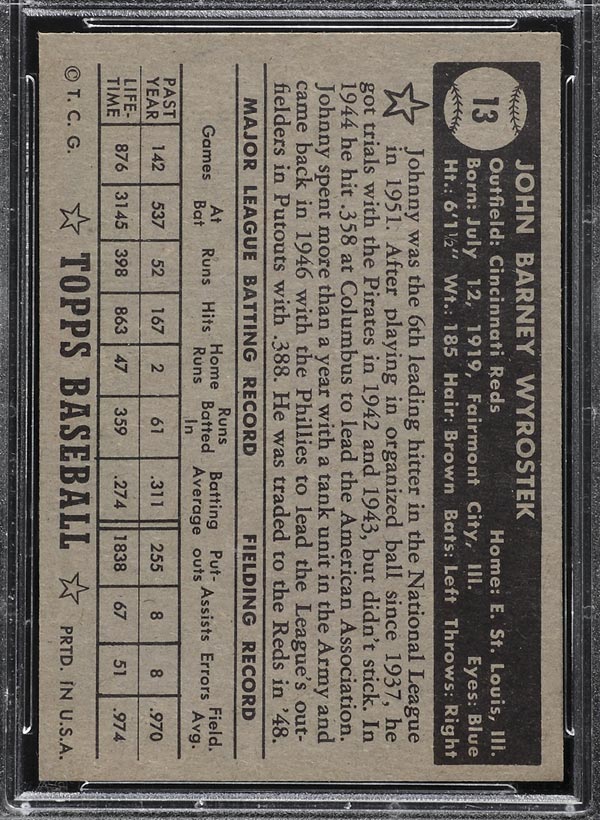 1952 Topps #13 Johnny Wyrostek Cincinnati Reds - Black Back