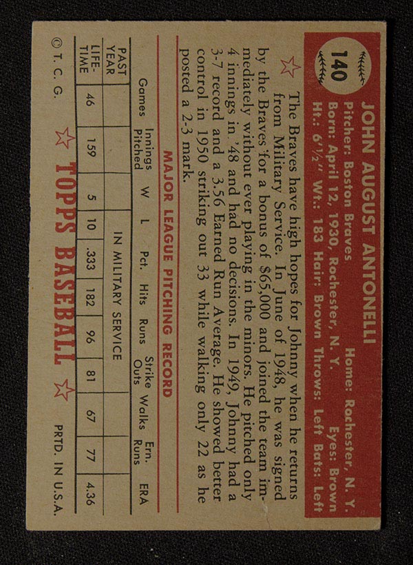 1952 Topps #140 John Antonelli Boston Braves - Gray Back