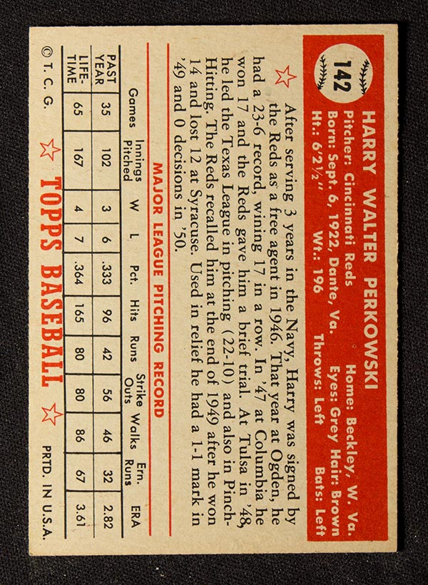 1952 Topps #142 Harry Perkowski Cincinnati Reds - Cream Back