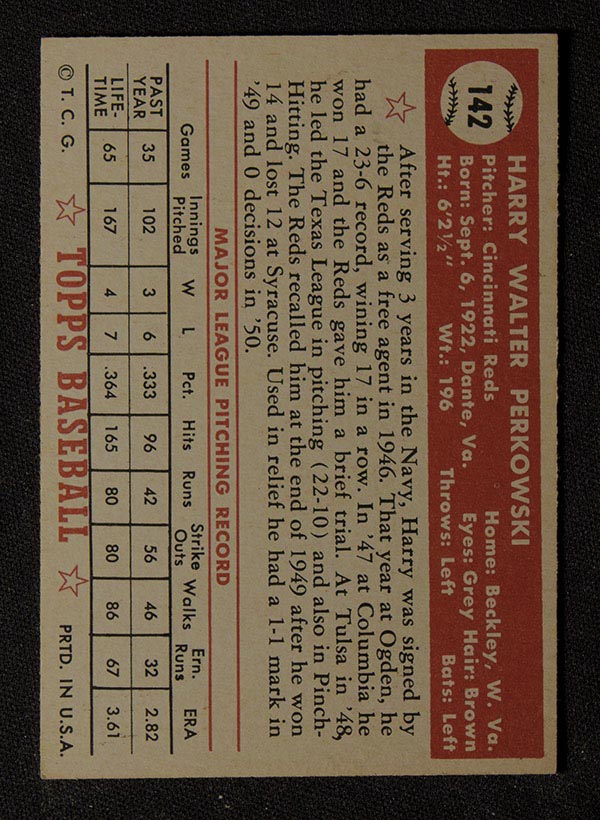 1952 Topps #142 Harry Perkowski Cincinnati Reds - Gray Back