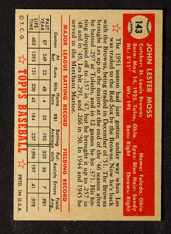 1952 Topps #143 Les Moss St. Louis Browns - Cream Back